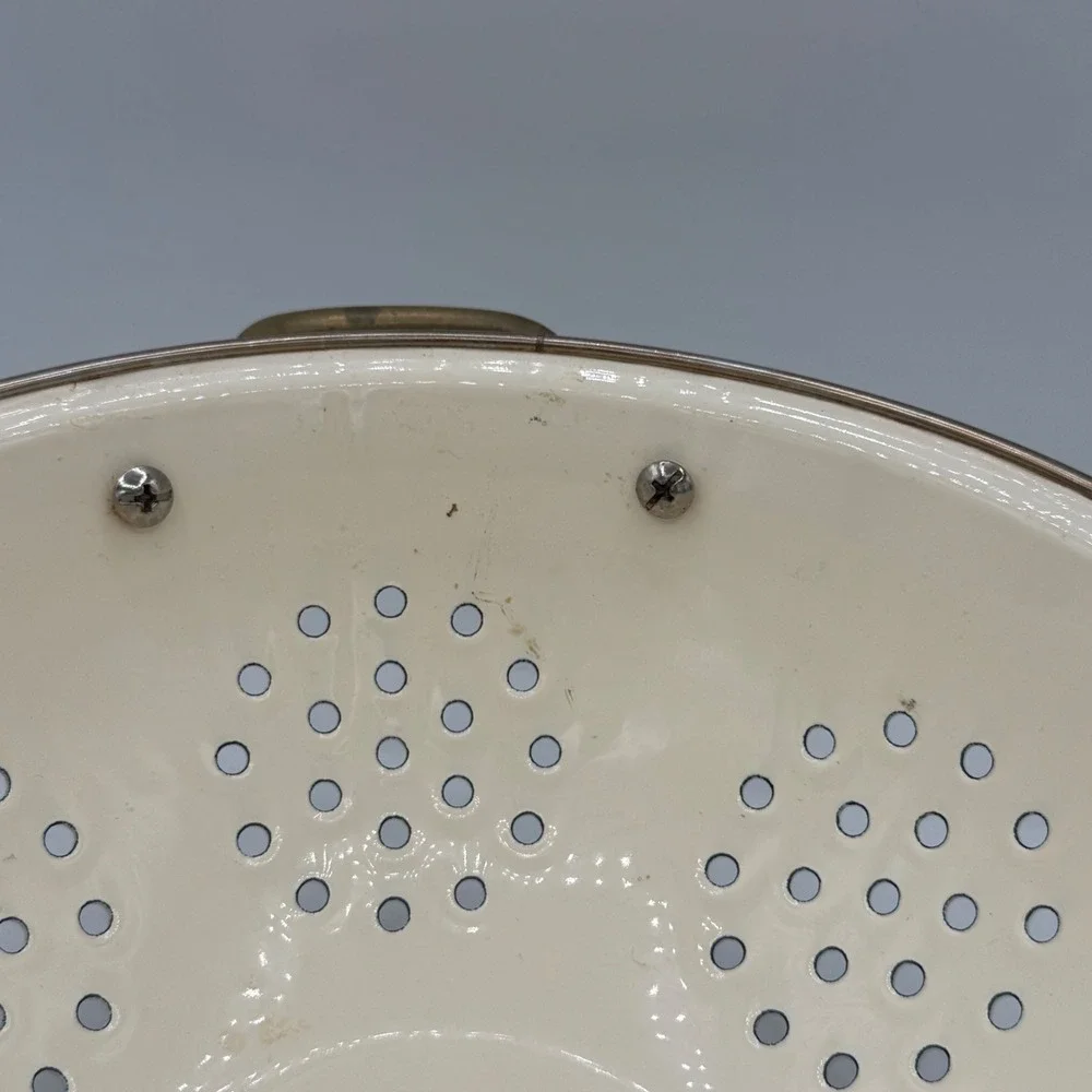 Vintage Enamel Floral Colander Cream Pedestal Strainer Brass Handles Floral Bowl